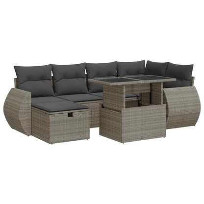 7-delige Loungeset met kussens poly rattan grijs