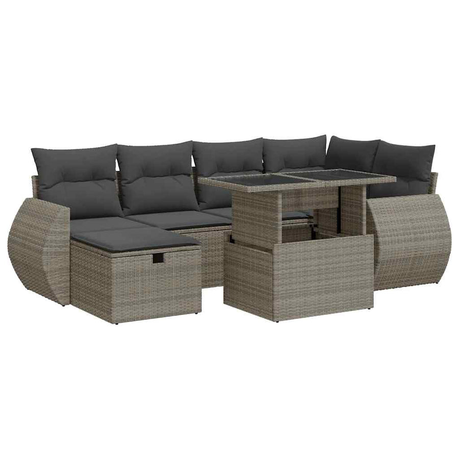 7-delige Loungeset met kussens poly rattan grijs