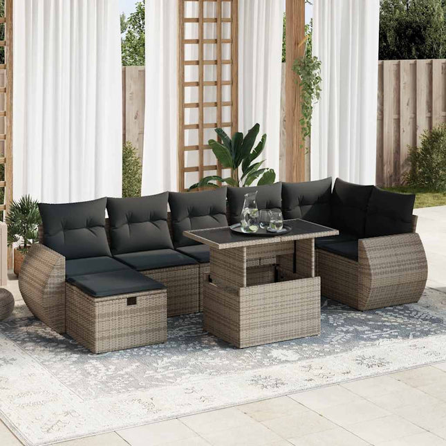 8-delige Loungeset met kussens poly rattan grijs