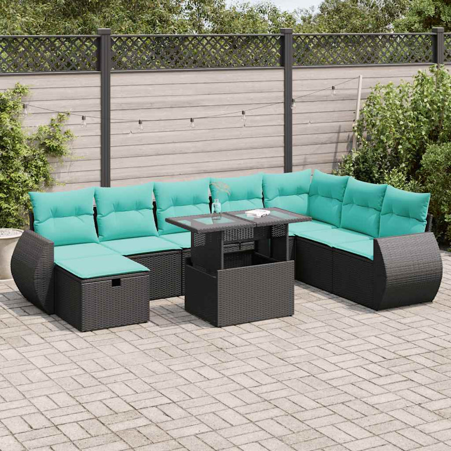 9-delige Loungeset met kussens poly rattan acacia grijs