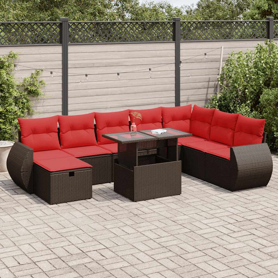 9-delige Loungeset met kussens poly rattan acacia zwart