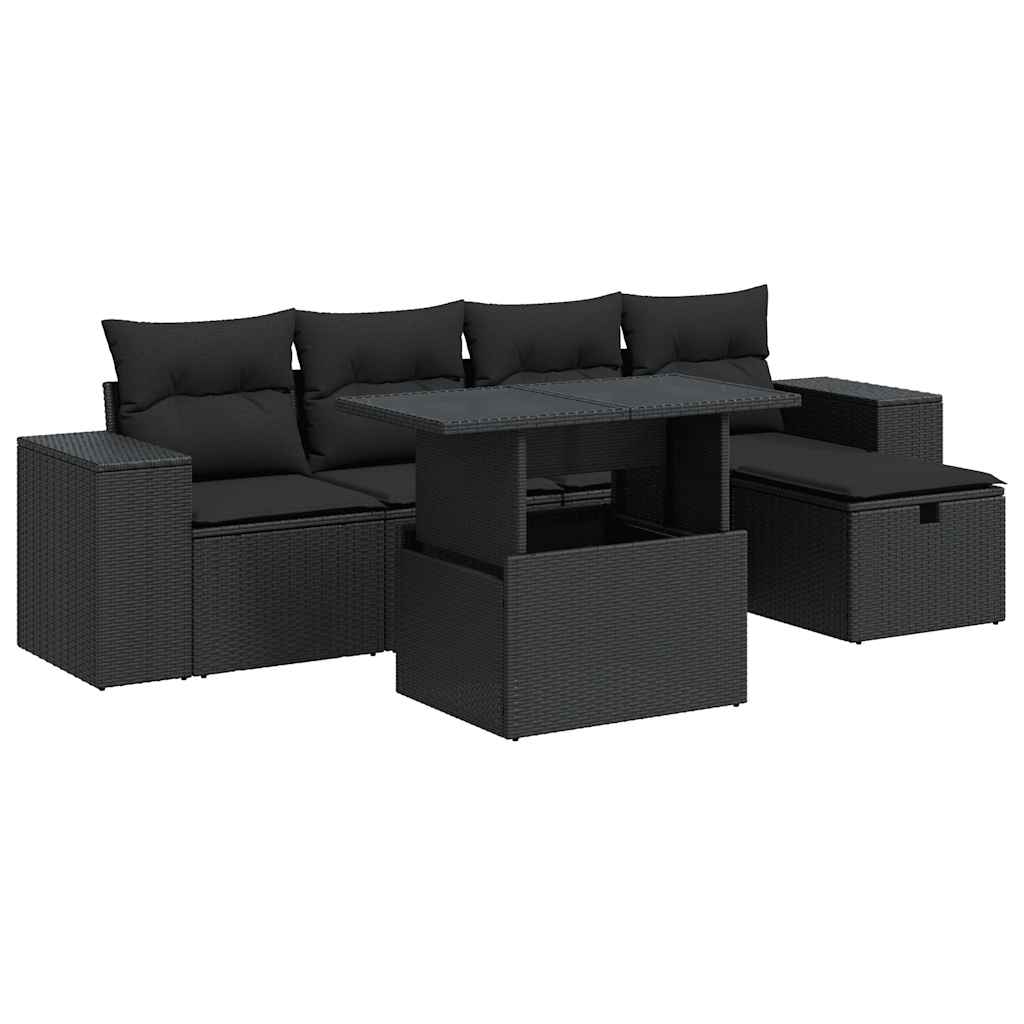 6-delige Loungeset met kussens poly rattan zwart