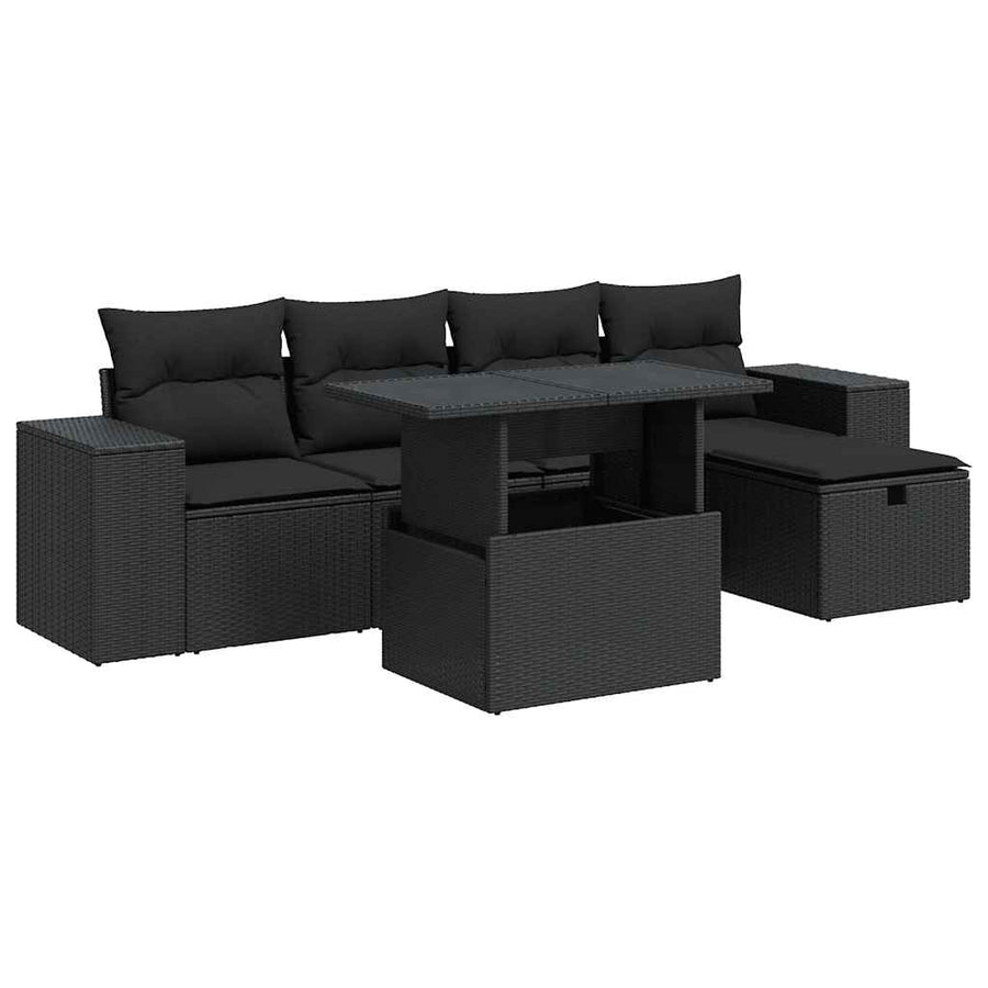 6-delige Loungeset met kussens poly rattan zwart