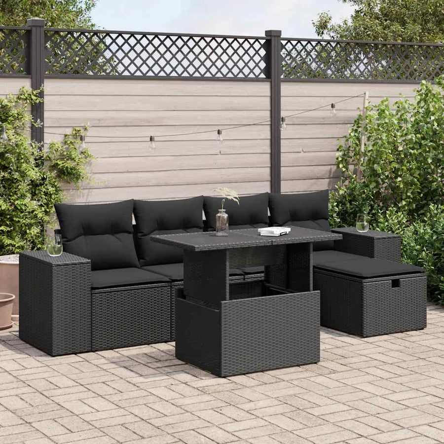 6-delige Loungeset met kussens poly rattan zwart