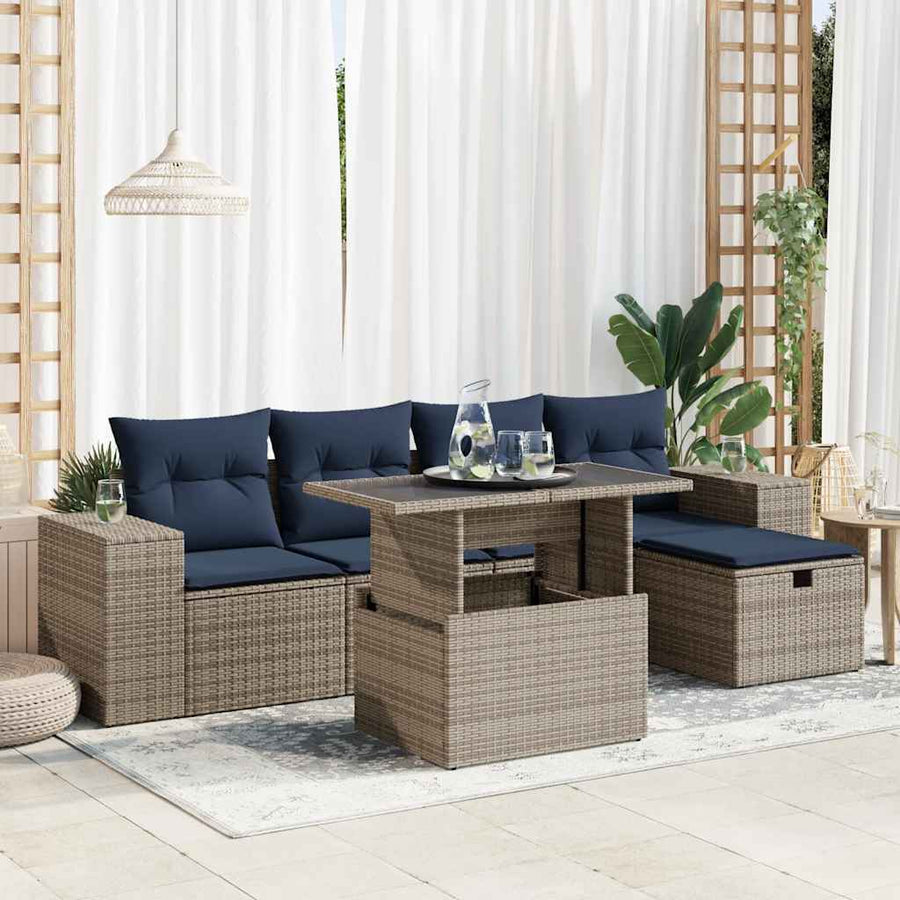 6-delige Loungeset met kussens poly rattan acacia bruin