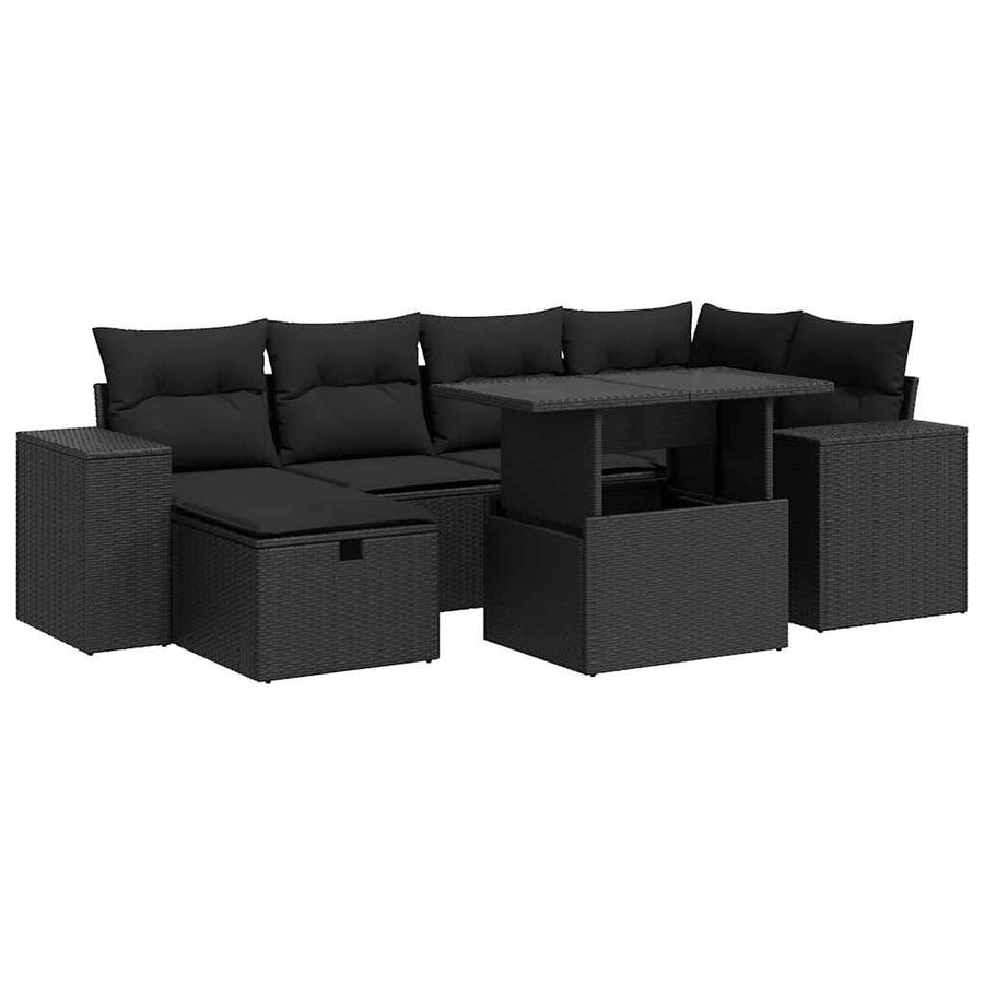 8-delige Loungeset met kussens poly rattan zwart
