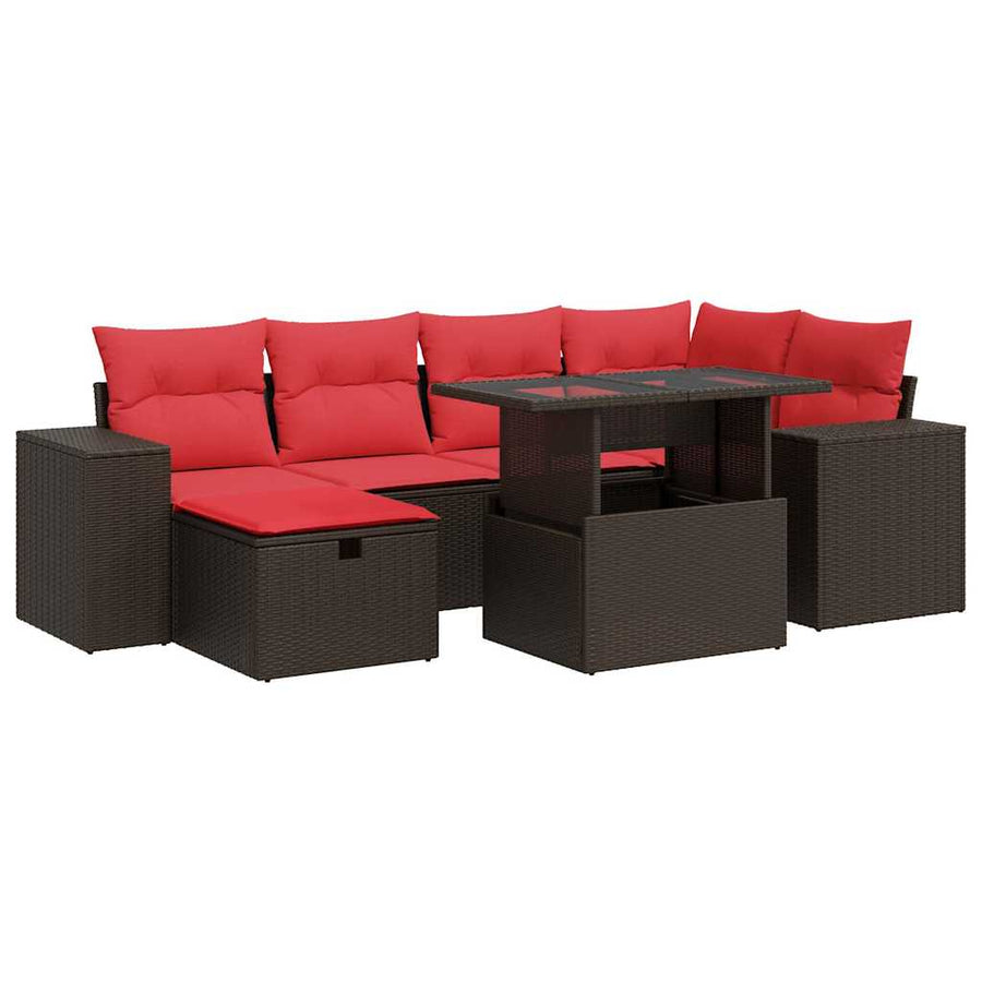 7-delige Loungeset met kussens poly rattan acacia zwart