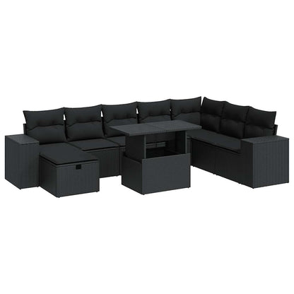 9-delige Loungeset met kussens poly rattan zwart