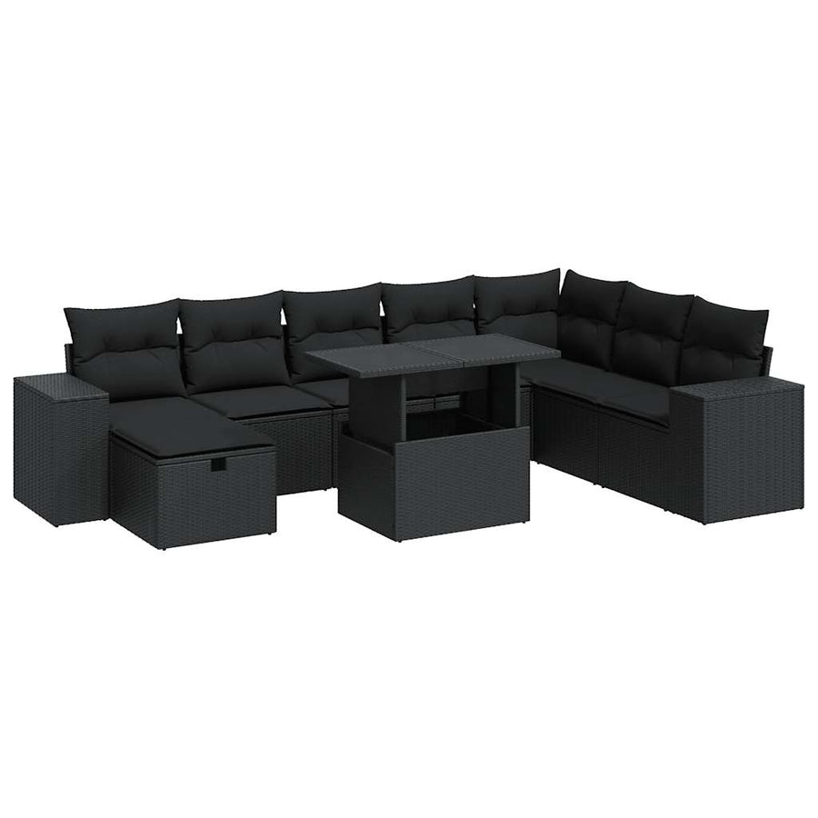 9-delige Loungeset met kussens poly rattan zwart