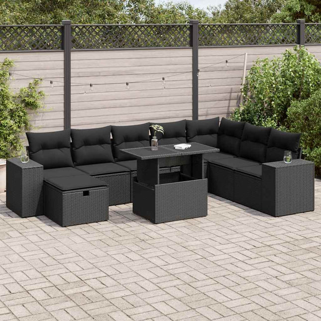 9-delige Loungeset met kussens poly rattan zwart