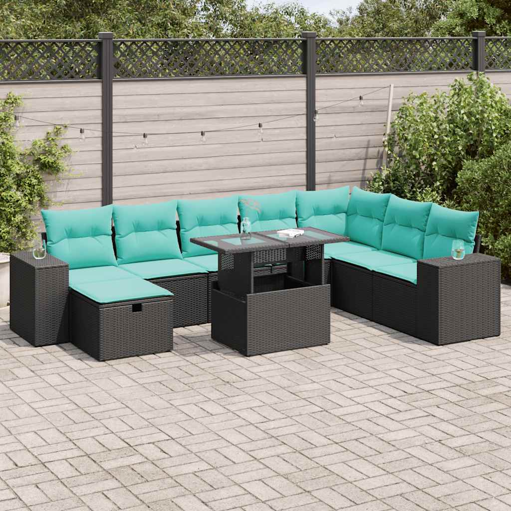 9-delige Loungeset met kussens poly rattan acacia grijs