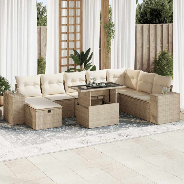 9-delige Loungeset met kussens poly rattan beige