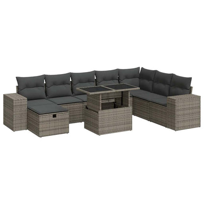 9-delige Loungeset met kussens poly rattan grijs