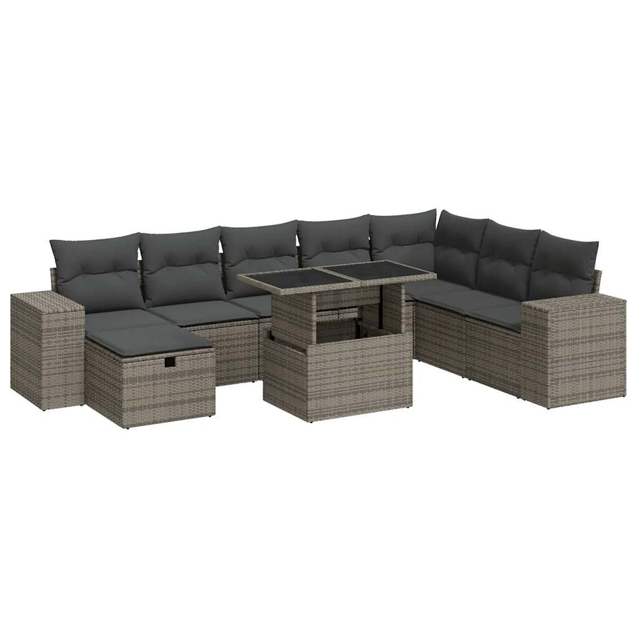 9-delige Loungeset met kussens poly rattan grijs