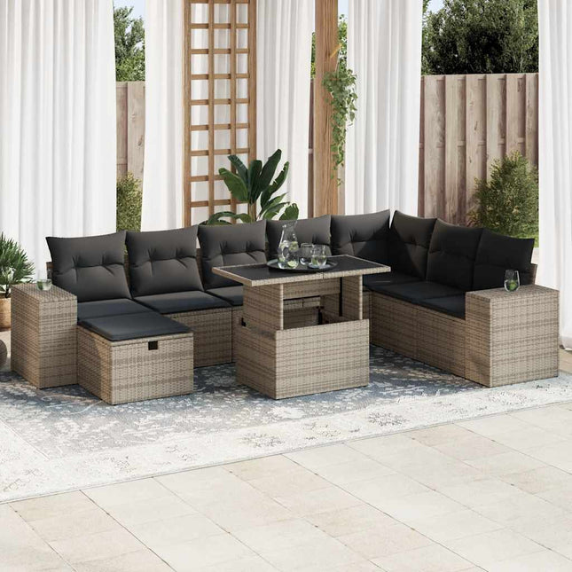 9-delige Loungeset met kussens poly rattan grijs