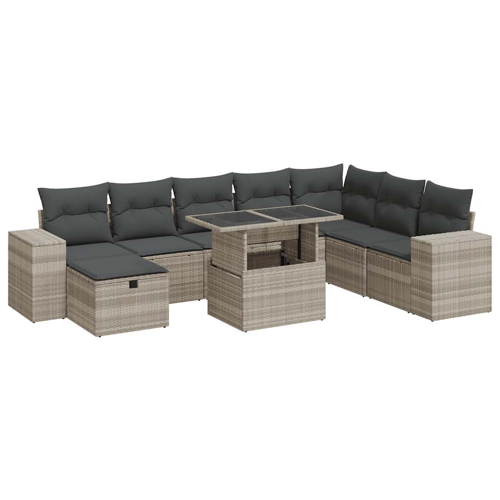 9-delige Loungeset met kussens poly rattan lichtgrijs