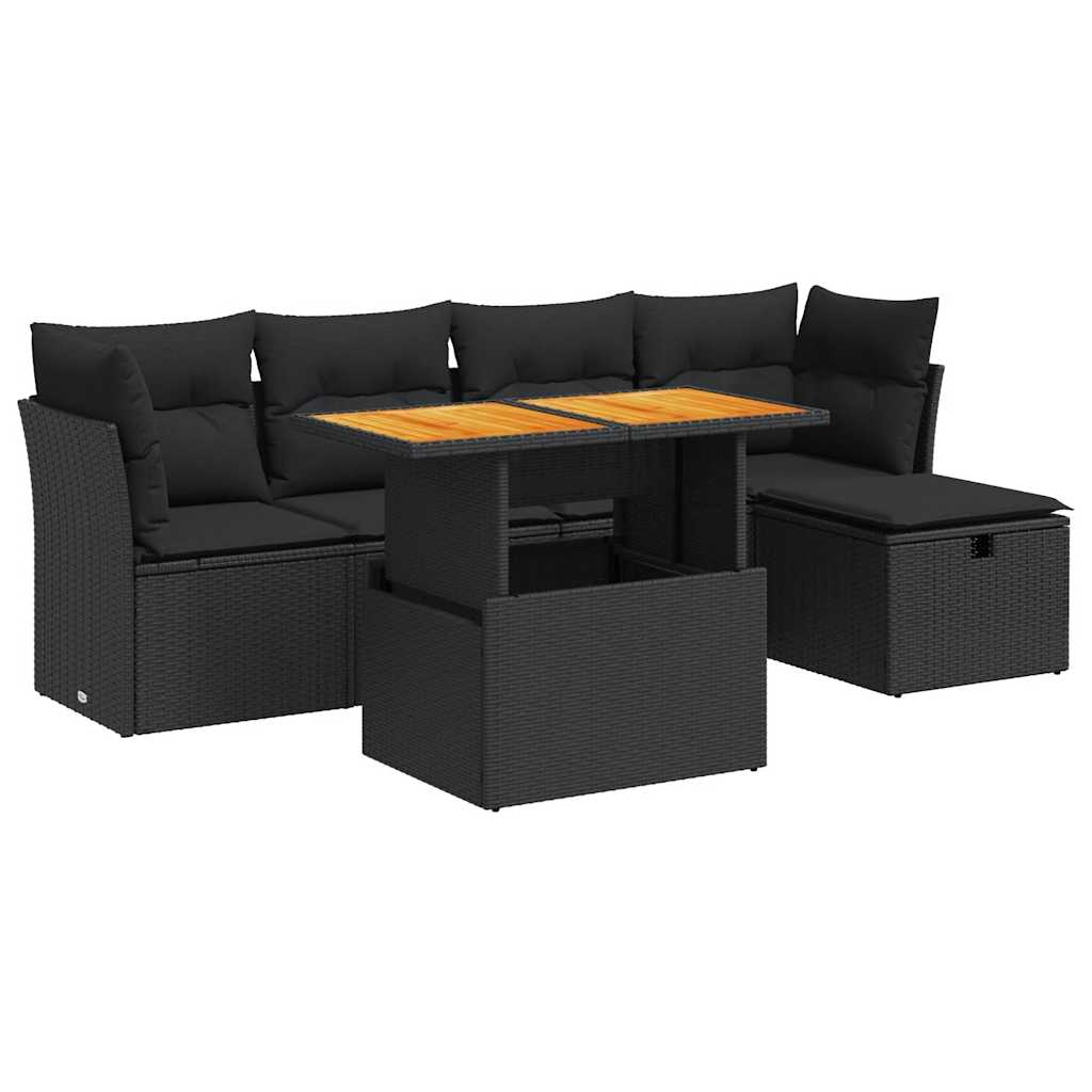 6-delige Loungeset met kussens poly rattan acacia zwart