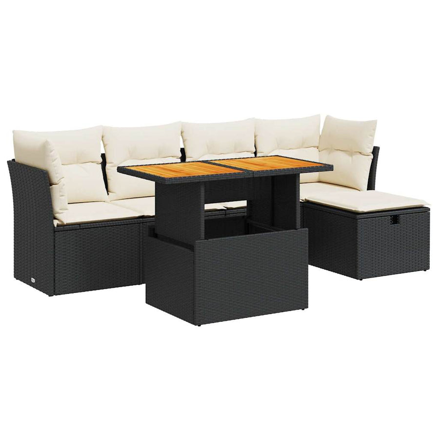 6-delige Loungeset met kussens poly rattan acacia zwart