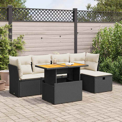 6-delige Loungeset met kussens poly rattan acacia zwart