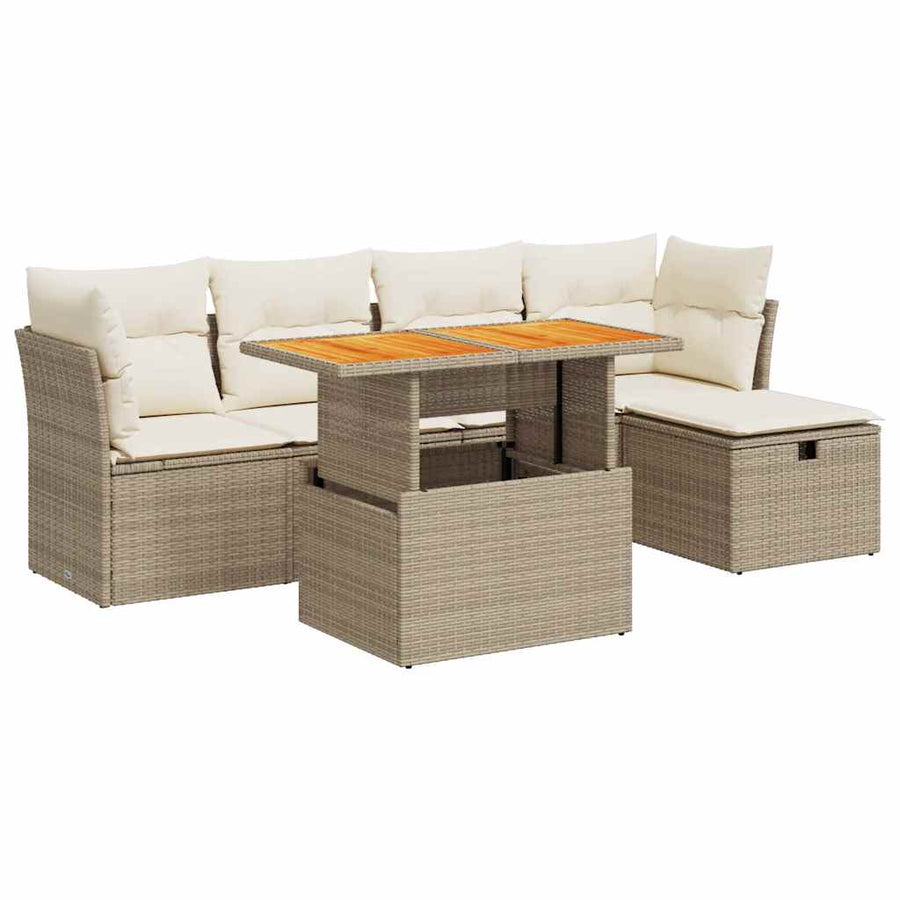 6-delige Loungeset met kussens poly rattan acacia beige