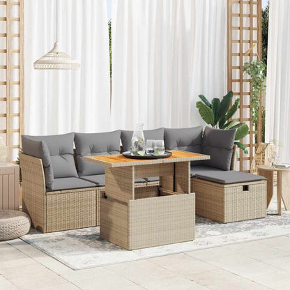 6-delige Loungeset met kussens poly rattan acacia beige
