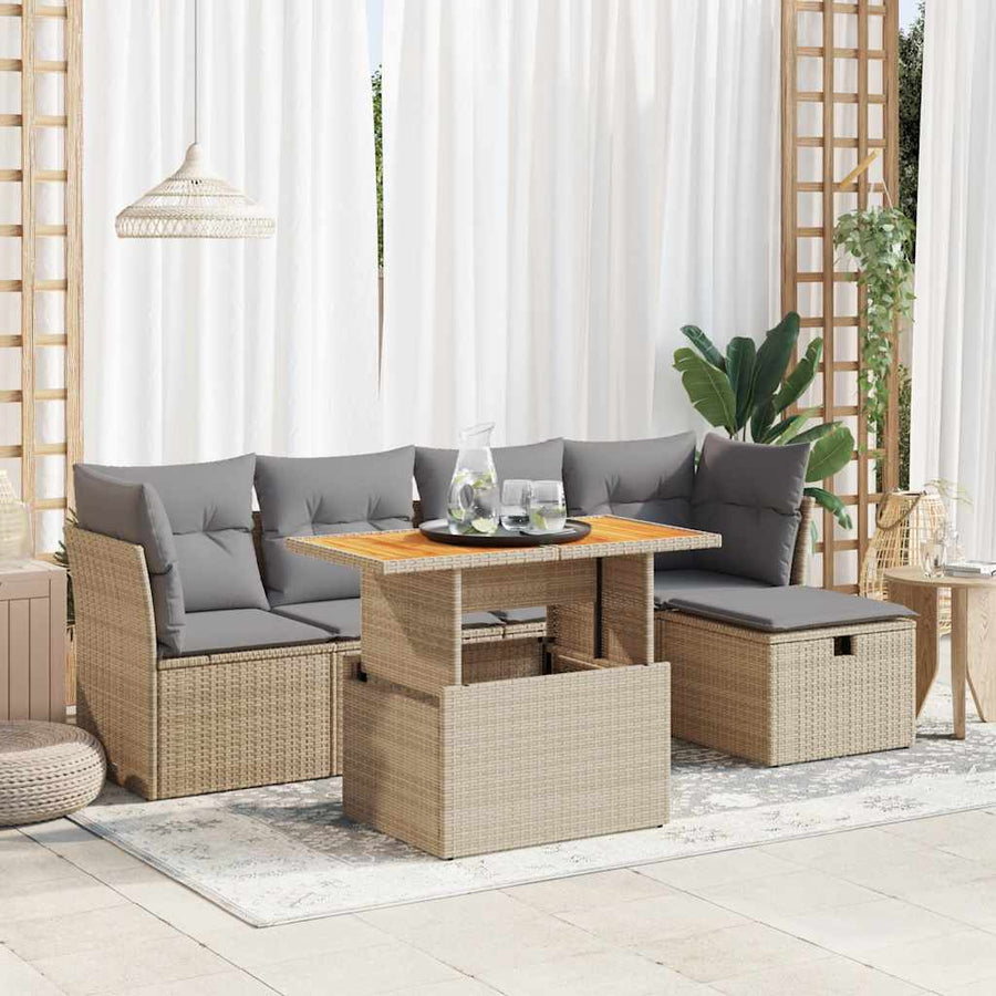 6-delige Loungeset met kussens poly rattan acacia beige