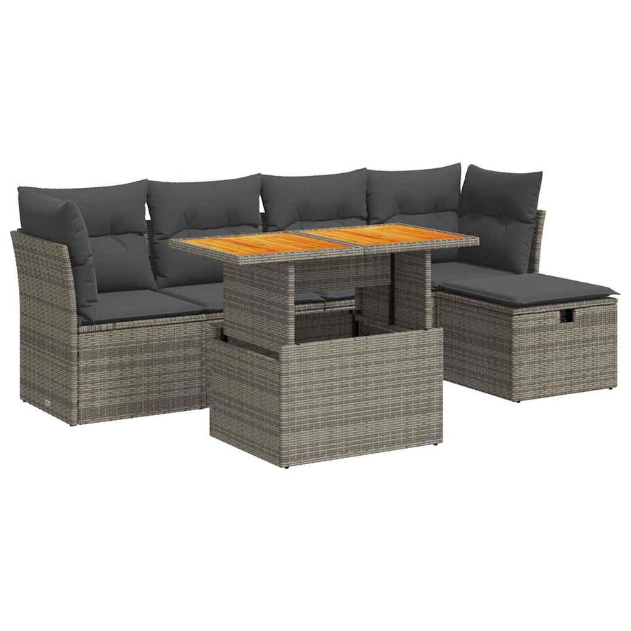 6-delige Loungeset met kussens poly rattan acacia grijs