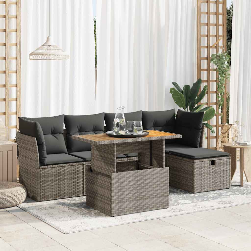 6-delige Loungeset met kussens poly rattan acacia grijs