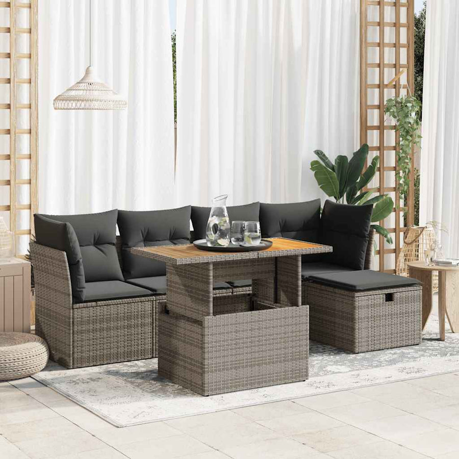 6-delige Loungeset met kussens poly rattan acacia grijs