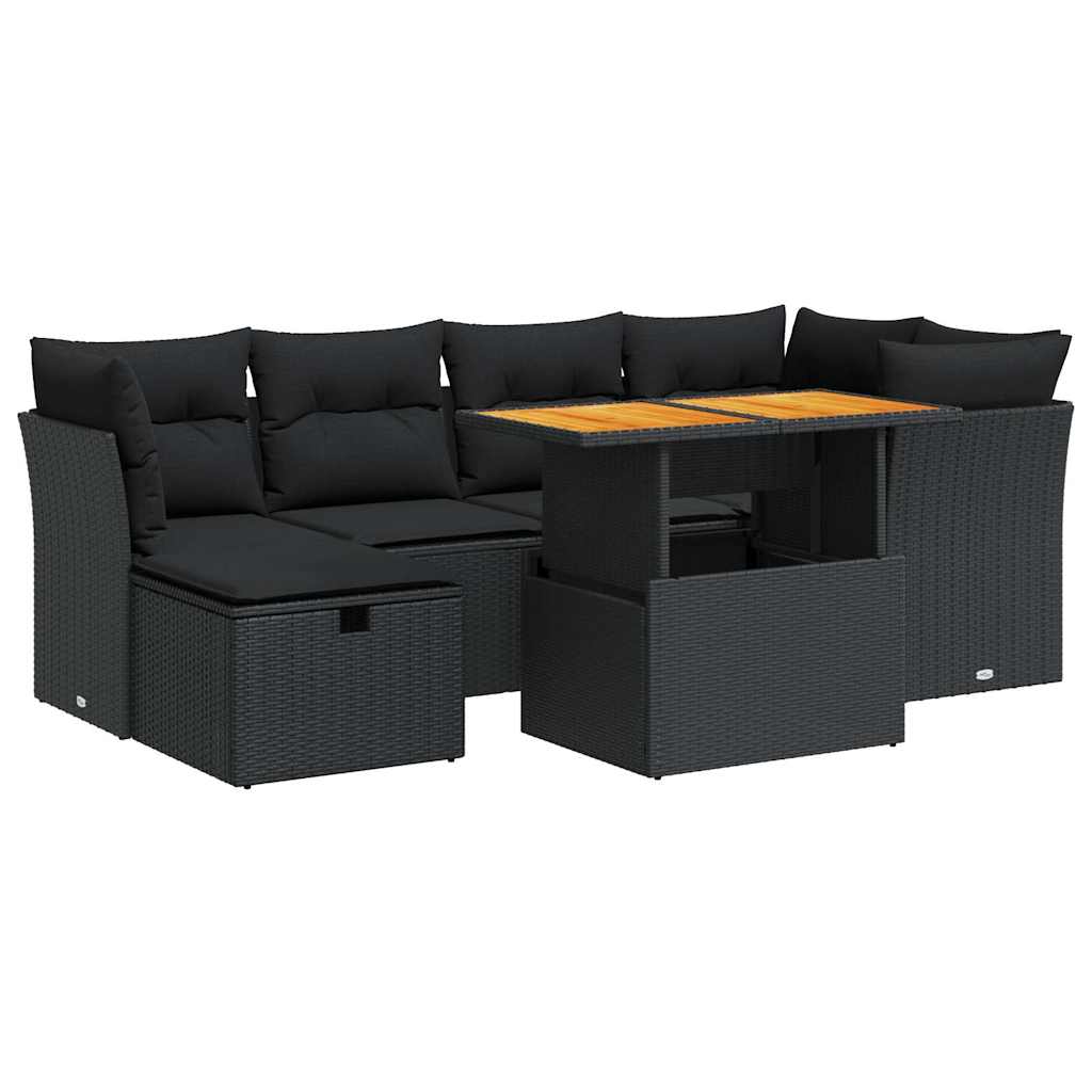 7-delige Loungeset met kussens poly rattan acacia zwart