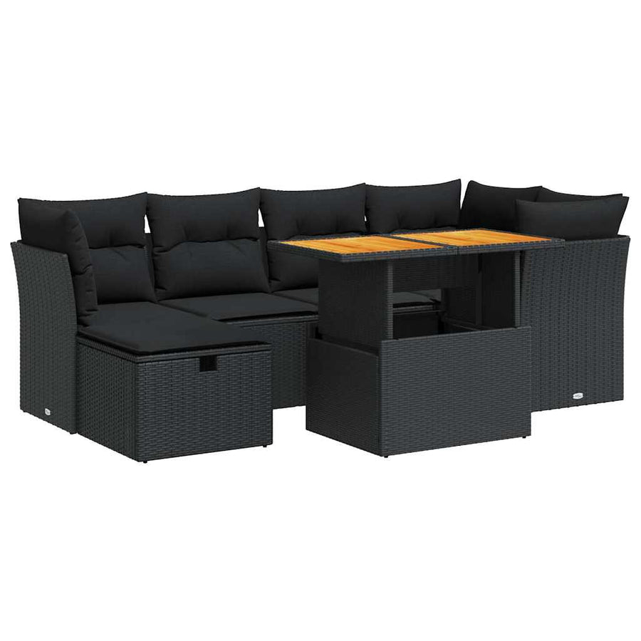 7-delige Loungeset met kussens poly rattan acacia zwart