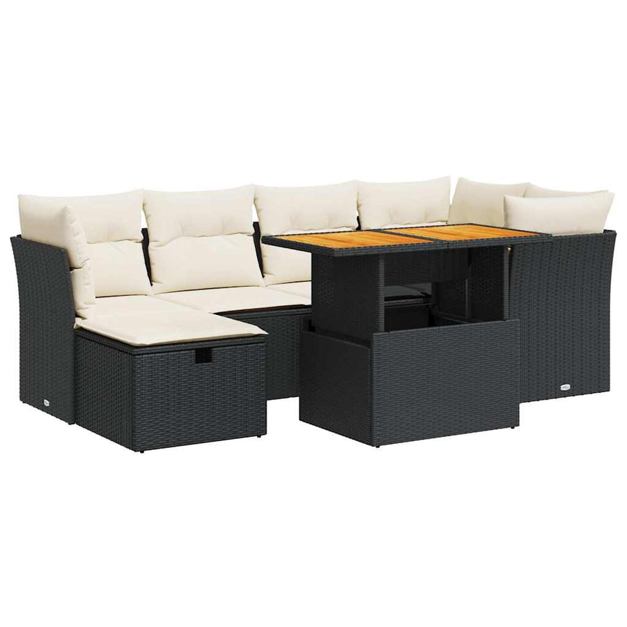 7-delige Loungeset met kussens poly rattan acacia zwart