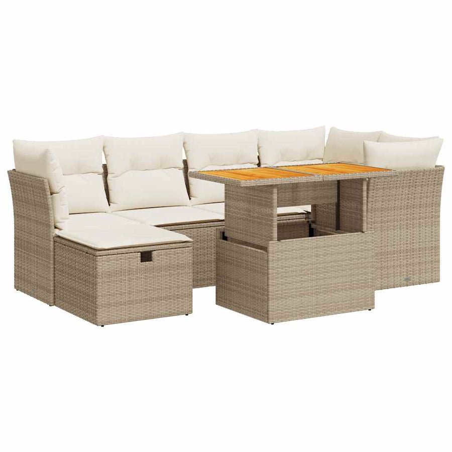 7-delige Loungeset met kussens poly rattan acacia beige