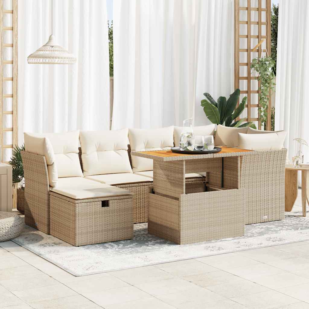 7-delige Loungeset met kussens poly rattan acacia beige