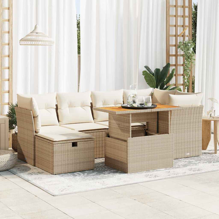 7-delige Loungeset met kussens poly rattan acacia beige