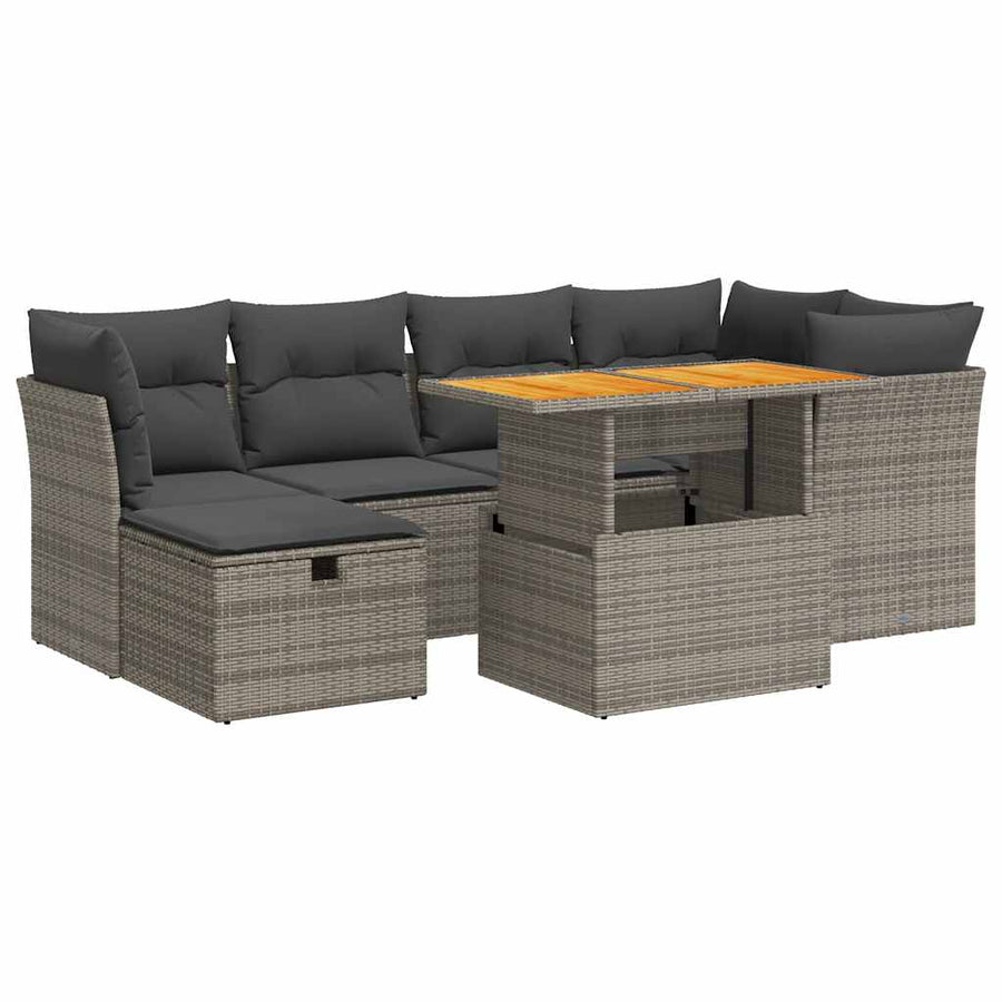 7-delige Loungeset met kussens poly rattan acacia grijs
