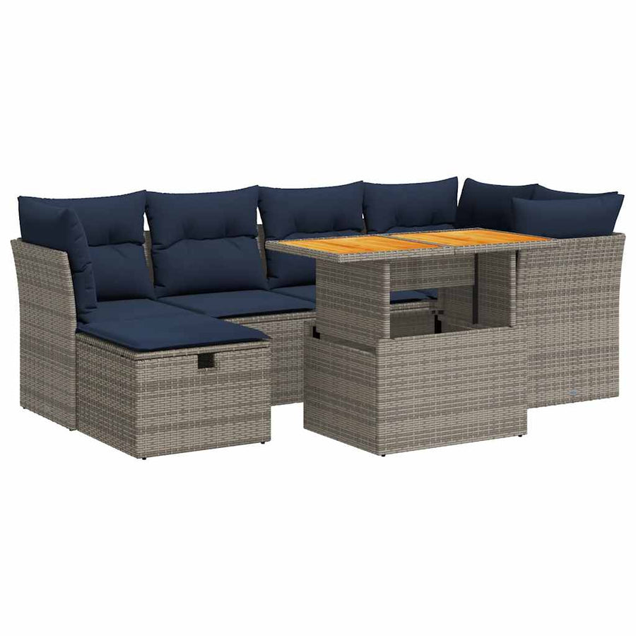 7-delige Loungeset met kussens poly rattan acacia zwart