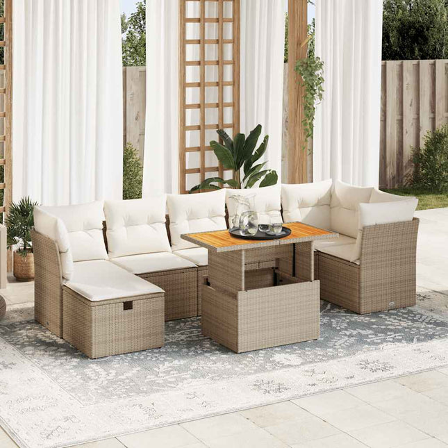 8-delige Loungeset met kussens poly rattan acacia beige