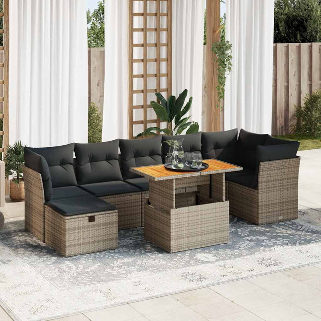 8-delige Loungeset met kussens poly rattan acacia grijs