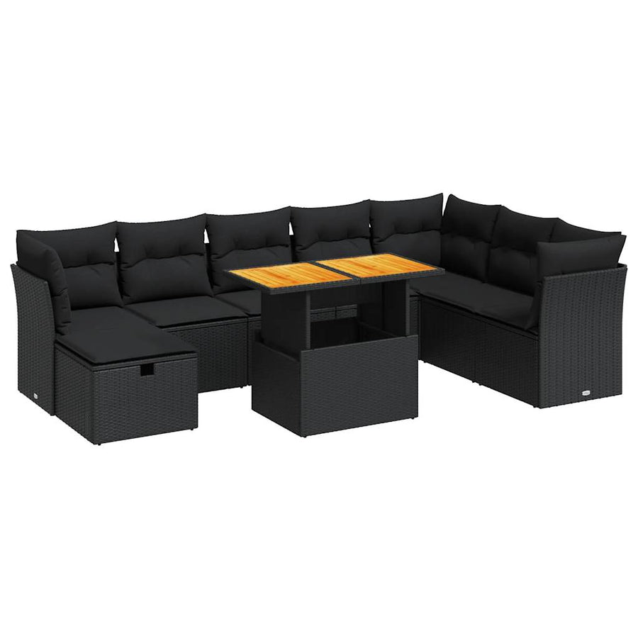 9-delige Loungeset met kussens poly rattan acacia zwart