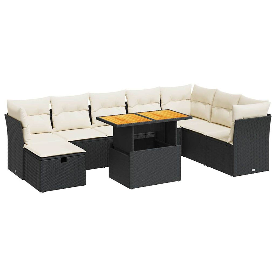 9-delige Loungeset met kussens poly rattan acacia zwart