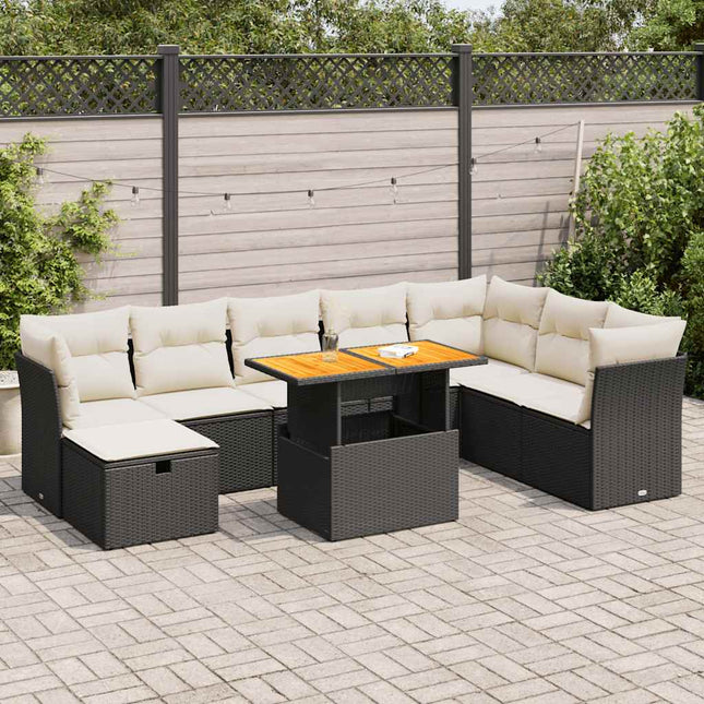 9-delige Loungeset met kussens poly rattan acacia zwart