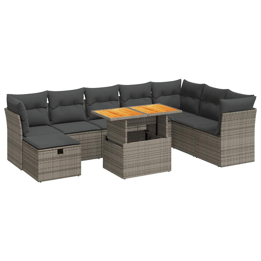 9-delige Loungeset met kussens poly rattan acacia grijs
