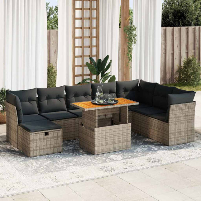 9-delige Loungeset met kussens poly rattan acacia grijs