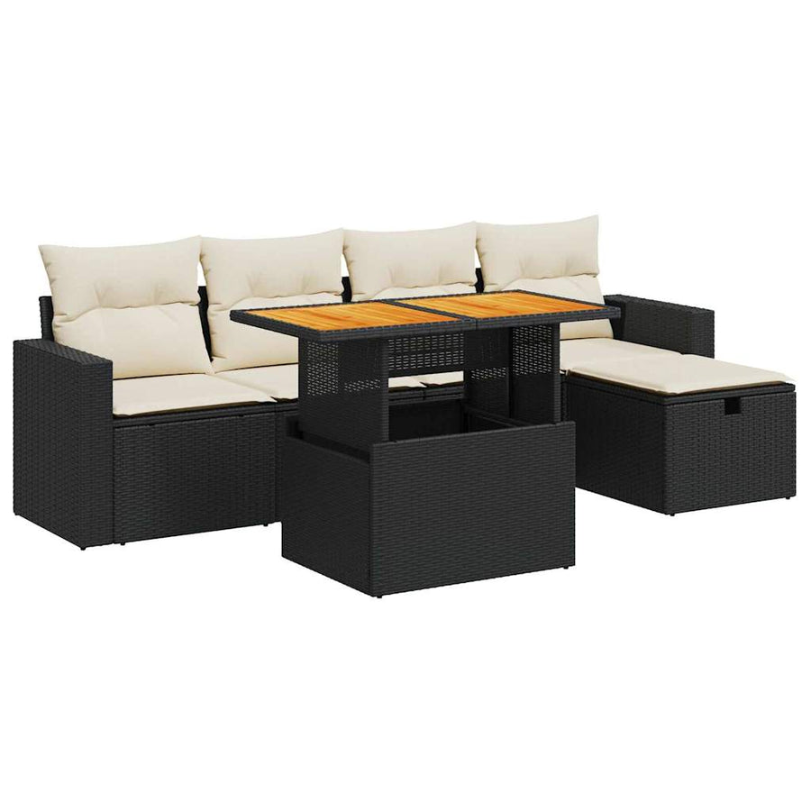 6-delige Loungeset met kussens poly rattan acacia zwart