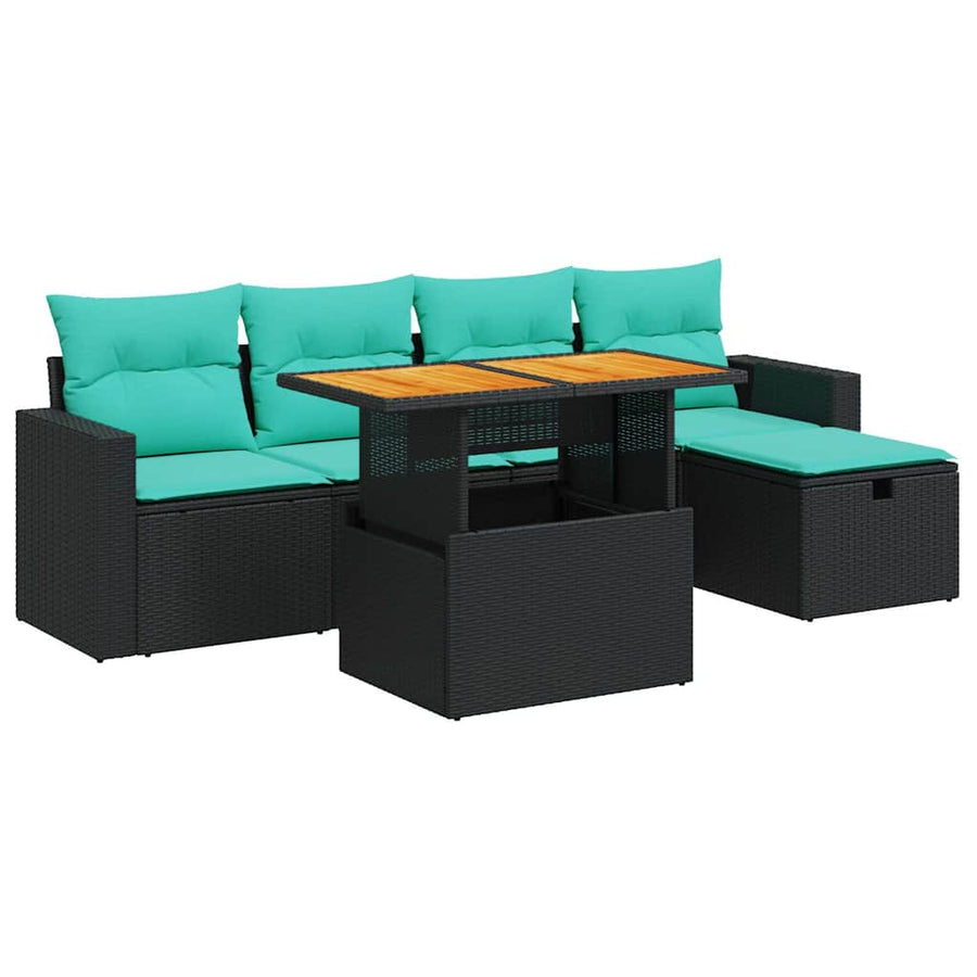 6-delige Loungeset met kussens poly rattan acacia zwart