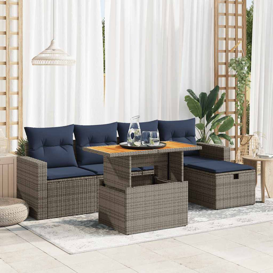 6-delige Loungeset met kussens poly rattan acacia grijs