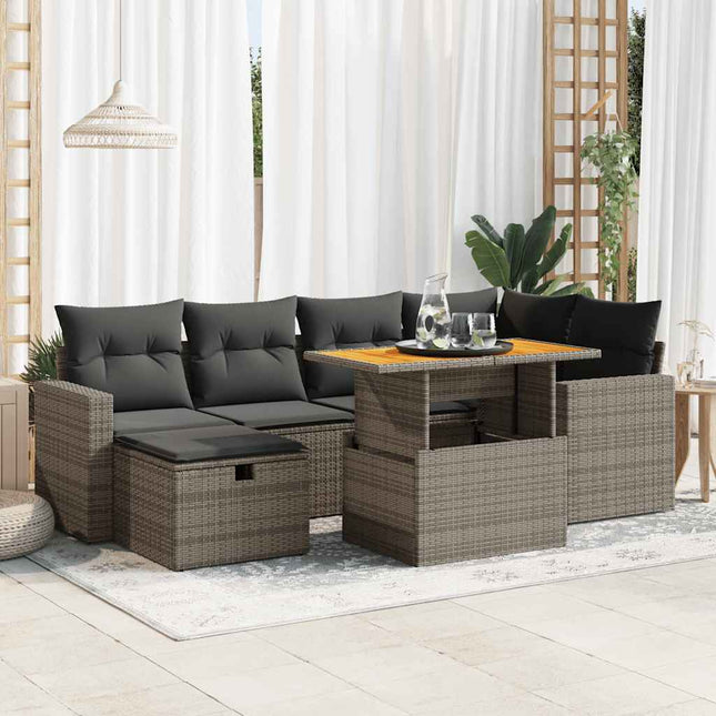 8-delige Loungeset met kussens poly rattan acacia grijs