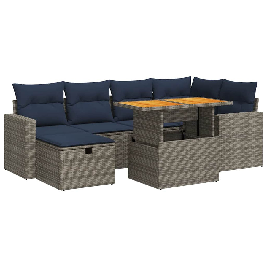 7-delige Loungeset met kussens poly rattan acacia zwart