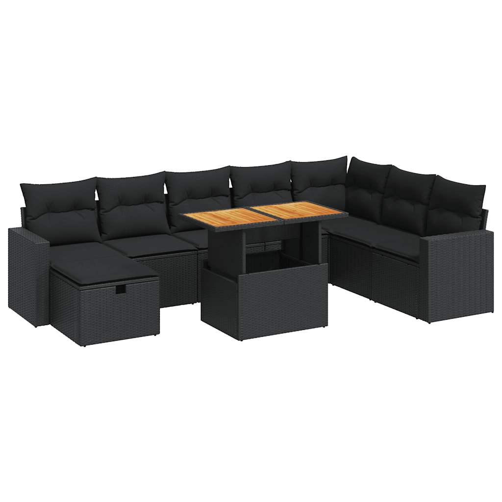 9-delige Loungeset met kussens poly rattan acacia zwart